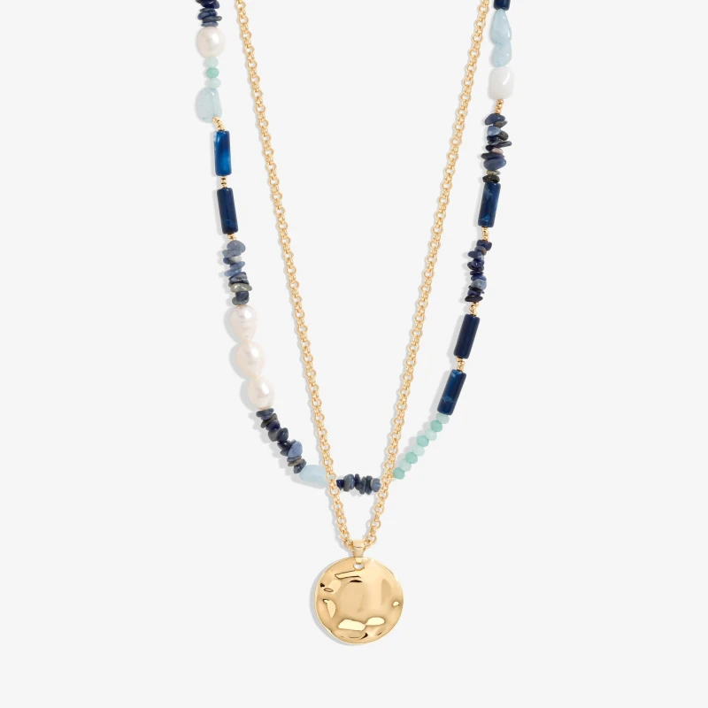 Image of Mood Gold Blue Bead And Molten Disc Layered Necklace - Pack Of 2 Gold