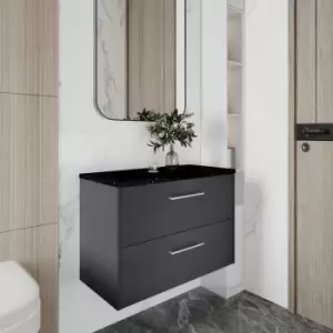 Image of Hudson Reed Juno Wall Hung 2-Drawer Vanity Unit with Sparkling Black Worktop 800mm Wide - Graphite Grey