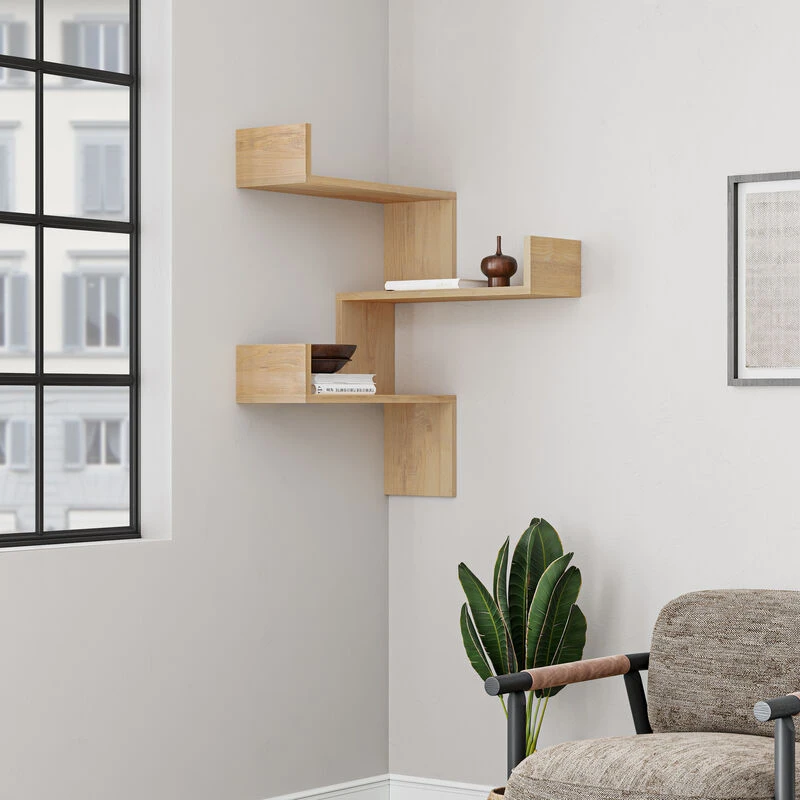 Image of DECORTIE Luksa Corner Wall Mounted Modern Bookcase Display Unit w 60cm Medium - Oak - Oak - Decortie M.KT.01.12704.8