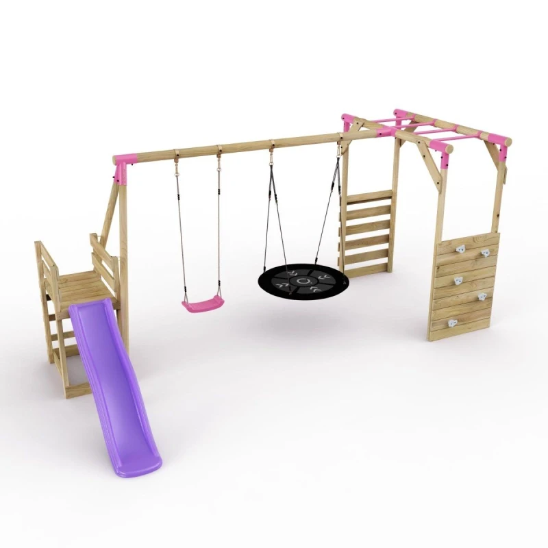 Image of Rebo Wooden Swing Set with Nest Swing, Monkey Bars and Slide - Meteorite Pink Pink