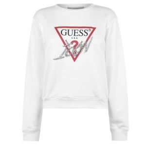 Image of Guess Triangle Logo Crew Neck Sweatshirt - White