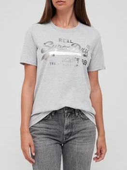 Image of Superdry Vintage Logo Sparkle Tee - Grey, Size 14, Women