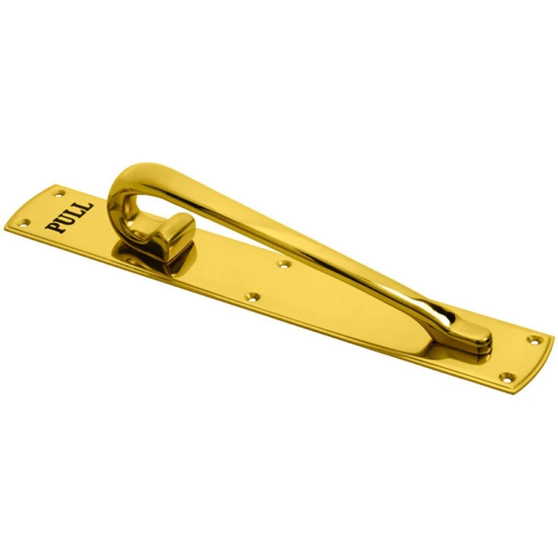 Image of Loops Curved Left Handed Door Pull Handle Engraved with 'Pull' Polished Brass Metallics unisex