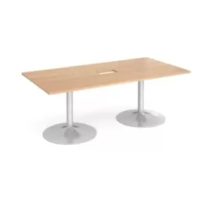 Image of Trumpet base rectangular boardroom table 2000mm x 1000mm with central cutout 272mm x 132mm - silver base and beech top