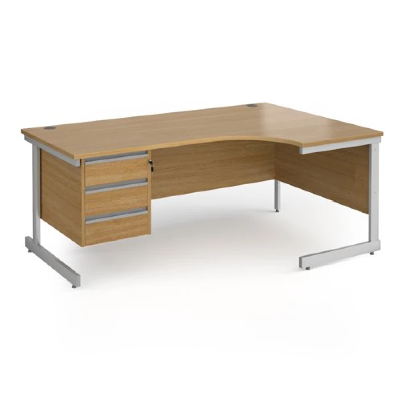 Image of Contract 25 Right Hand Silver Frame Ergonomic Office Desk with 3 Drawer Pedestal - 1800mm - Oak