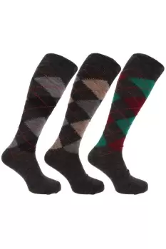 Image of Traditional Argyle Pattern Long Length Lambs Wool Blend Socks (Pack Of 3)