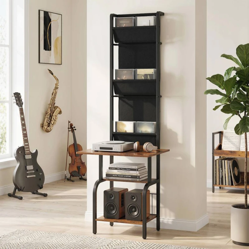 Image of HOMCOM Vinyl Record Player Stand with Oxford Pockets Rustic Brown & Black Brown Unisex