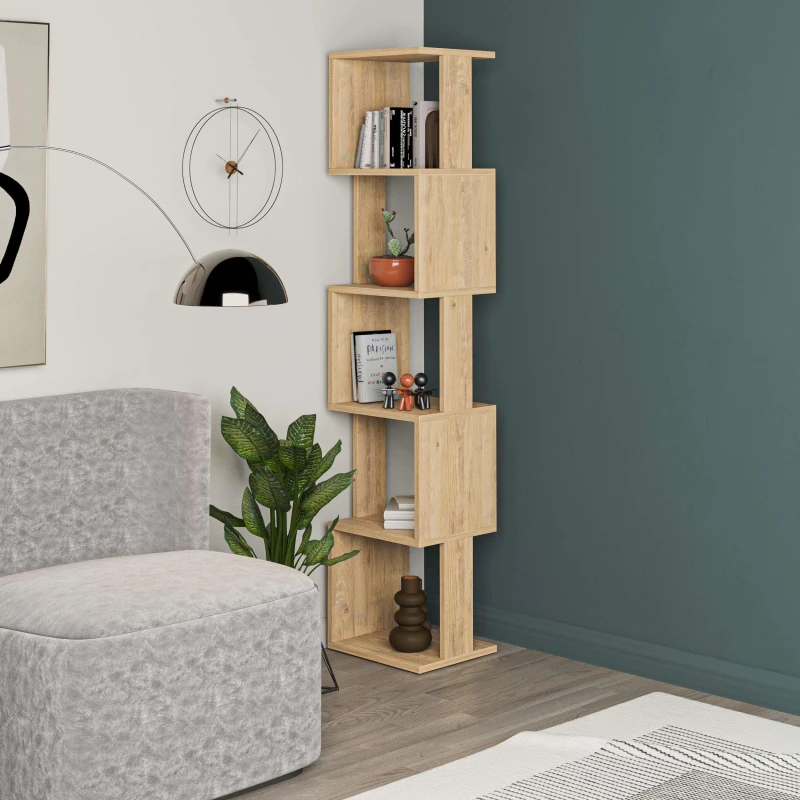 Image of Decortie Corner Bookcase Unit 30X35X161Cm Wall-mounted Bookshelf, Particleboard, Oak, Cream 8680812199455
