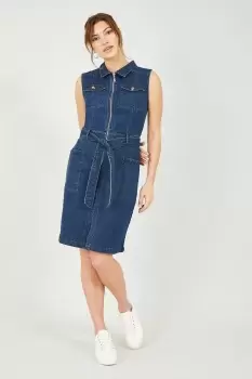 Image of Blue Sleeveless Denim Stretch Utility Dress