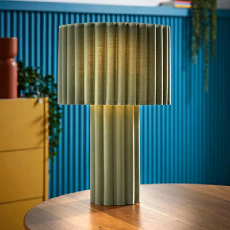 Image of ValueLights ValueLights Lenny Drum Lamp Shade Colour Drench Ribbed Full Fabric Table Lamp in Pale Green Pale Green One Size Unisex 5016529272397