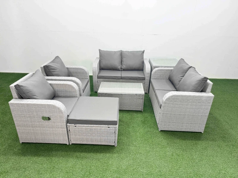 Image of Fimous 7 Seater Outdoor Reclining Chair Love Sofa Set Rattan Garden Furniture Set with Rectangular Coffee Table Footstool Side Table Light Grey Light