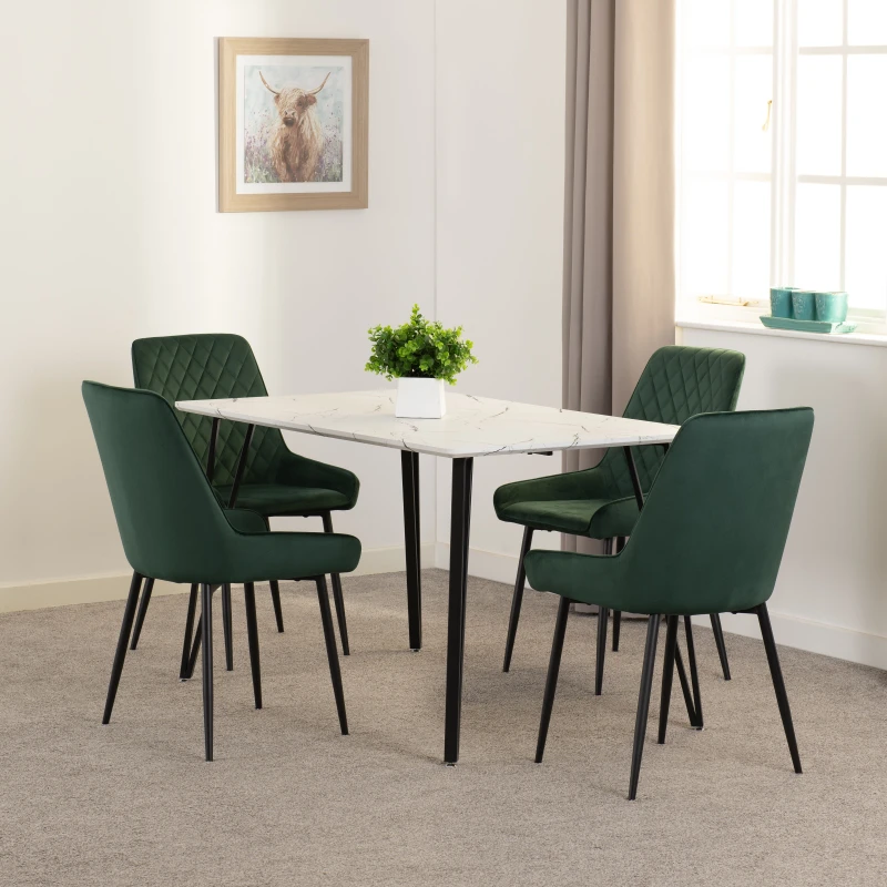 Image of Seconique Marlow & Avery Dining Set (x4 Chairs) - White Marble/Emerald Green Velvet, White 400-401-352