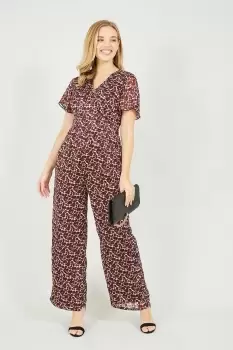 Image of Burgundy Lurex Leopard Wrap Jumpsuit With Pockets