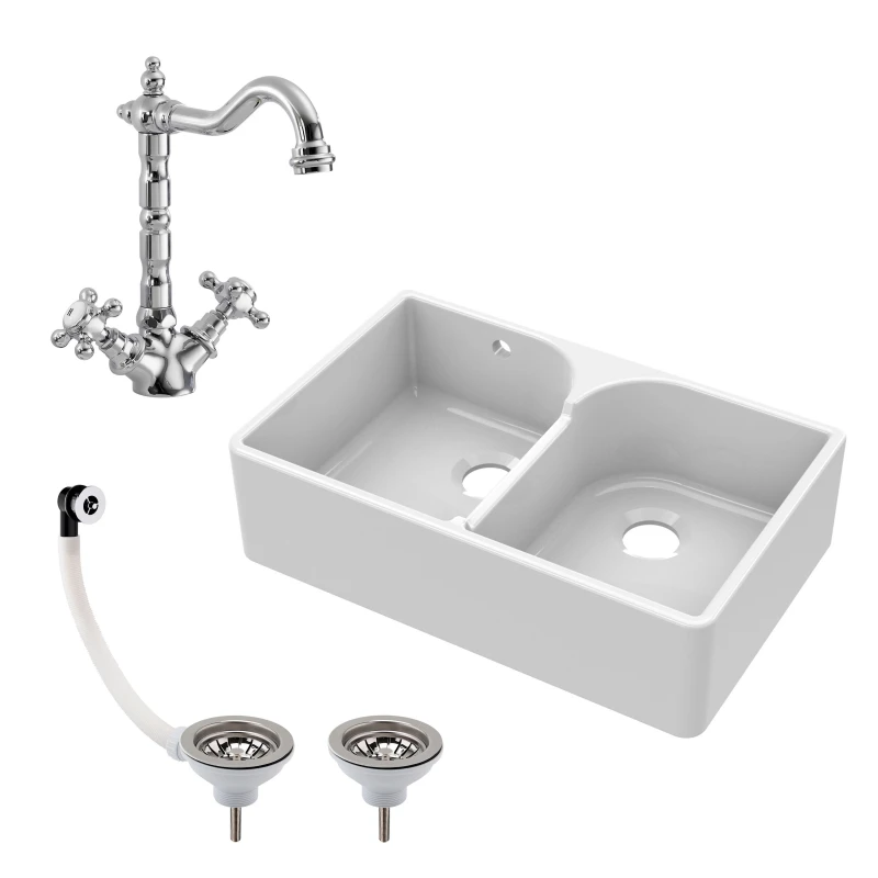 Image of Balterley Fireclay 2 Bowl Stepped Weir Butler Sink Overflow Tap Waste 795mm White unisex