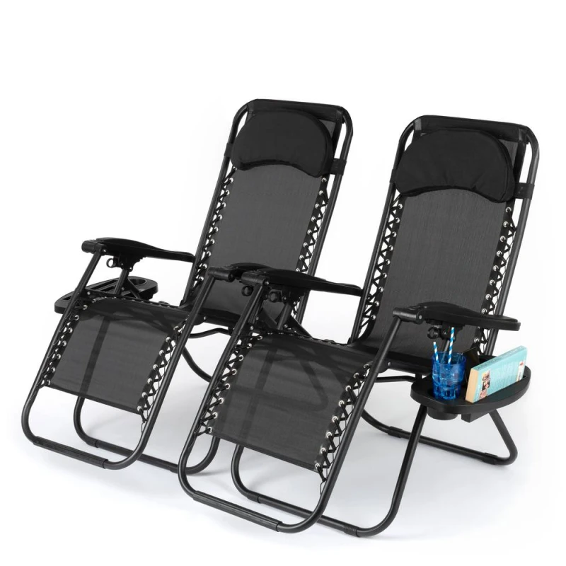 Image of LIVIVO Outdoor Gravity Textline Chair Set with Headrest & Tray - Set of 2 Black