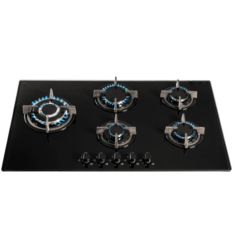 Image of SIA 90cm Black 5 Burner Gas On Glass Hob With Cast Iron Pan Stands - GHG902BL Black