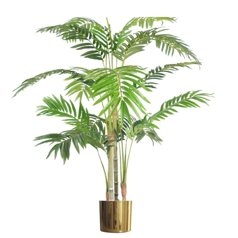 Image of Leaf 120cm (4ft) Realistic Artificial Areca Palm with pot with Gold Metal Planter in Green Green Unisex