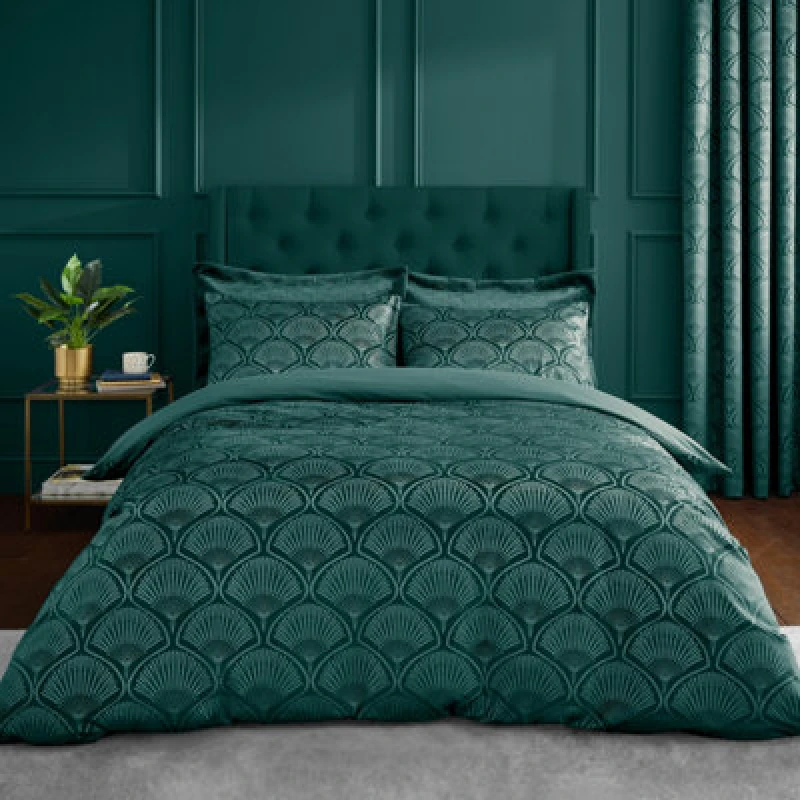 Image of Catherine Lansfield Art Deco Pearl Duvet Cover Set Duvet Covers Double Green 42109390030
