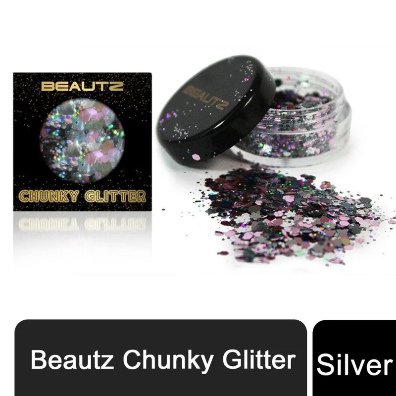 Image of Beautz Beautz Chunky Glitter - 5 Varieties! 10ml Pot, 5g Cosmetic Glitter [Silver] - Perfect for DIY, Nail Art, Makeup, and Body Art