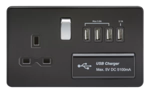 Image of KnightsBridge 2G 13A Screwless 1G Matt Black Switched Socket with Quad 5V USB Charger Ports - Black Insert