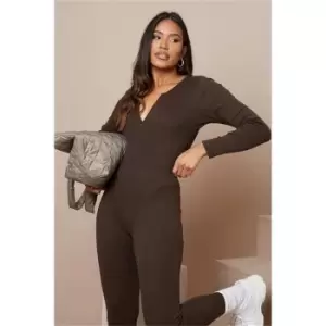 Image of I Saw It First Chocolate Cotton Rib Zip Front Long Sleeve Bodysuit - Brown