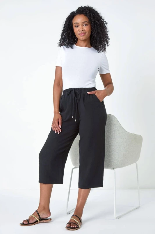 Image of Roman Womens Petite Linen Mix Wide Cropped Trousers in Black Size: 14 Black Female 14