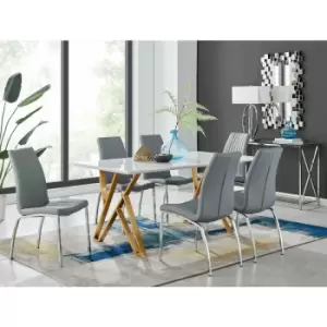 Image of Taranto White High Gloss Dining Table and 6 Grey Isco Chairs - Elephant Grey