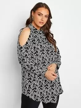 Image of Yours Cold Shoulder Shirt Mono Geo, Black, Size 30-32, Women