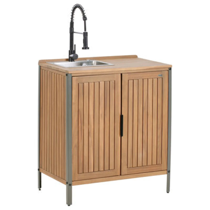 Image of Beliani Outdoor Kitchen Cabinet With Sink Ivrea Certified Acacia Wood Brown/ Black