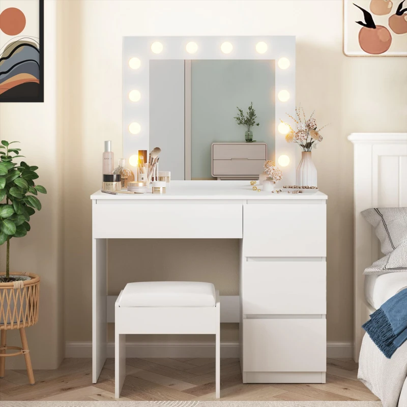 Image of KOSY KOALA White Dressing Table Hollywood LED Mirror Makeup Desk Vanity Table Bedroom Furniture White