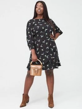 Image of Oasis Curve Ladder Trim Three Quarter Sleeve Bird Skater Dress - Multi/Black