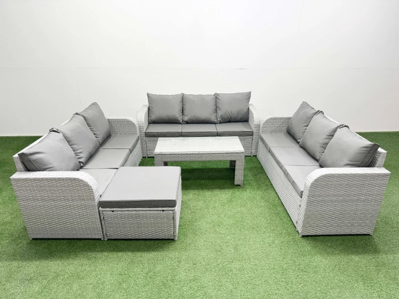 Image of Fimous PE Rattan Lounge Sofa Set 10 Seater Outdoor Garden Furniture Set with Oblong Coffee Table 3 Seater Sofa Big Footstool Light Grey Light Grey