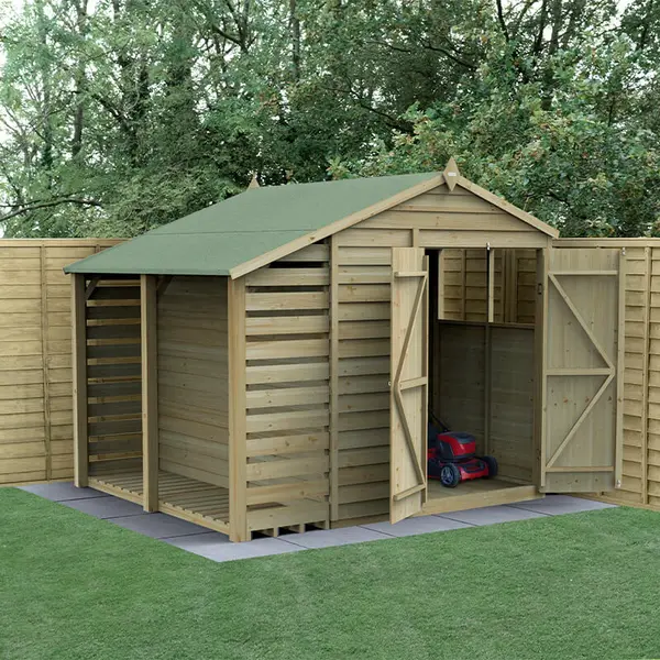 Image of 8' x 6' Forest 4Life 25yr Guarantee Overlap Pressure Treated Double Door Apex Wooden Shed with Lean To (2.42m x 2.65m)