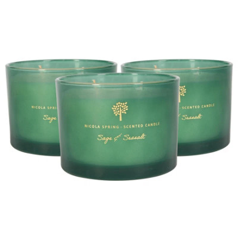 Image of Nicola Spring Soy Wax Scented Candles - 350G - Sage & Seasalt - Pack Of 3 Double Wick Glass Jars - Herbal Spa Fragrance Long Burn