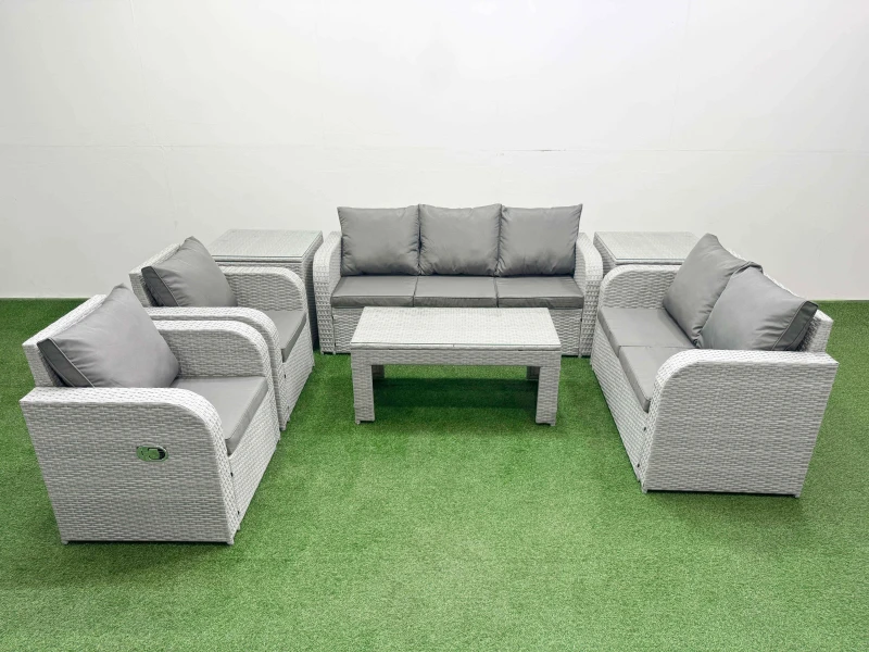 Image of Fimous PE Rattan Garden Furniture Set Adjustable Chair Sofa Double Love Seat 2 Seater Sofa Lounge Set Rectangular Coffee Table 2 Side Table Light Grey