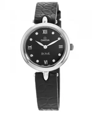 Image of Omega De Ville Prestige Quartz 27.4mm Dewdrop Black Diamond Dial Leather Strap Womens Watch 424.13.27.60.51.001 424.13.27.60.51.001