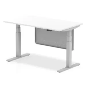 Image of Air 1400 x 800mm Height Adjustable Desk White Top Silver Leg With Silver Steel Modesty Panel
