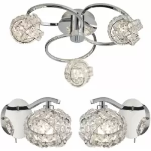 Image of 3 Bulb Ceiling Lamp & 2x Matching Wall Light Chrome Arm & Crystal Twist Shade