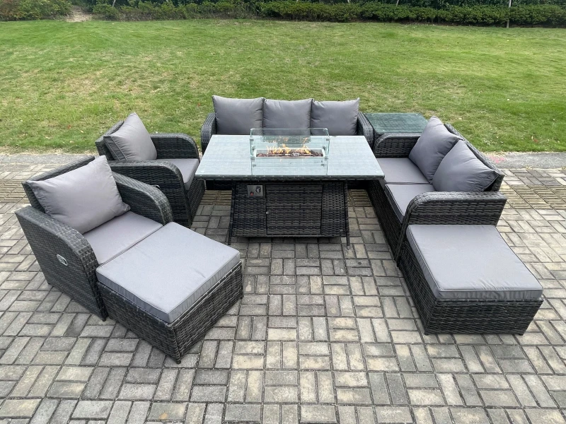 Image of Fimous 9 Seater PE Wicker Outdoor Rattan Garden Furniture Set Propane Gas Fire Pit Table and Sofa Chair set with Side Table 2 Big Footstool Dark Grey