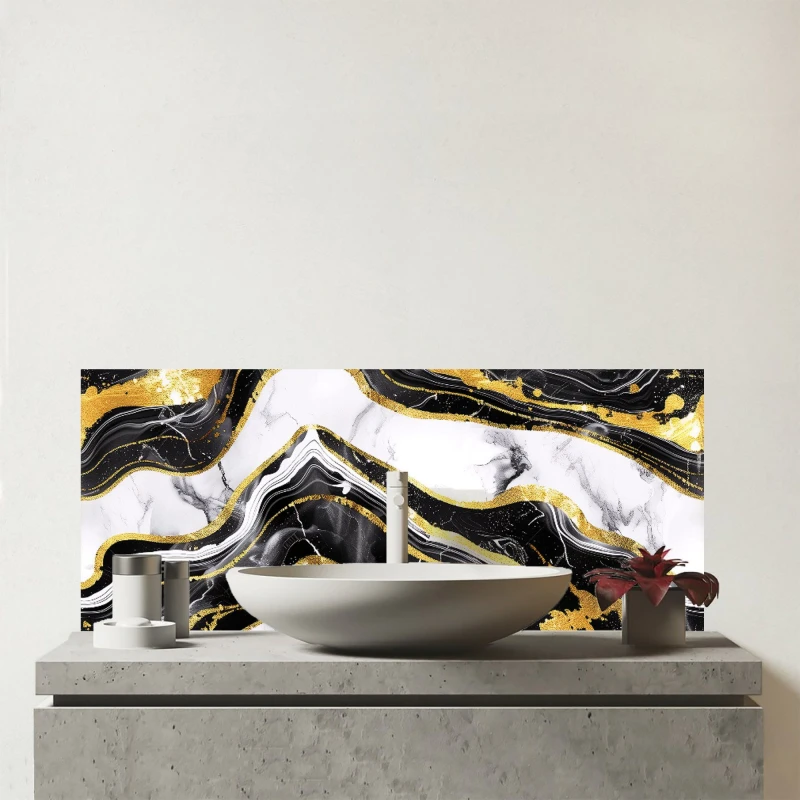 Image of Warren Reed - Designer Black & Gold Marble Effect Glass Bathroom Splashback Gold Unisex