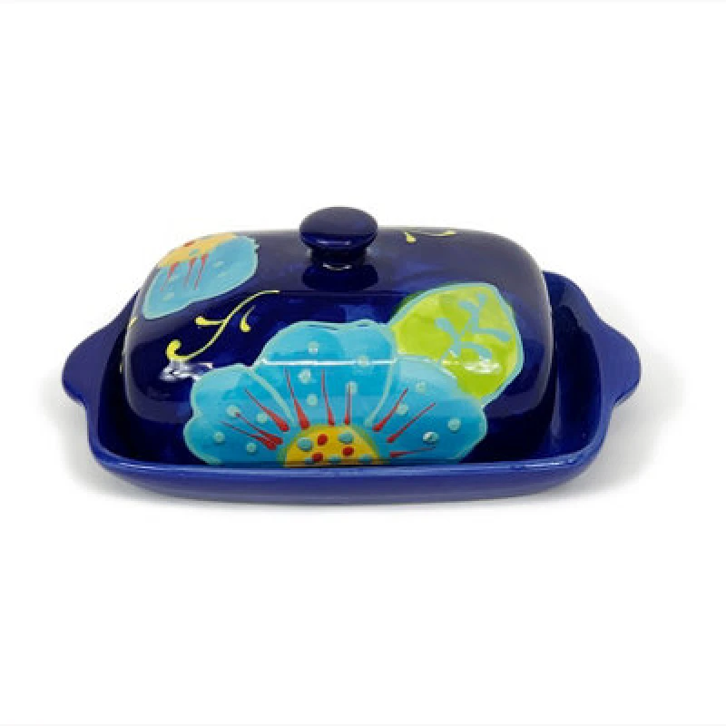 Image of Verano Spanish Ceramics Classic Spanish Hand Painted Kitchen Dining Butter Dish 19Cm L X 12Cm W (Internal 4Cm H) Blue Flower
