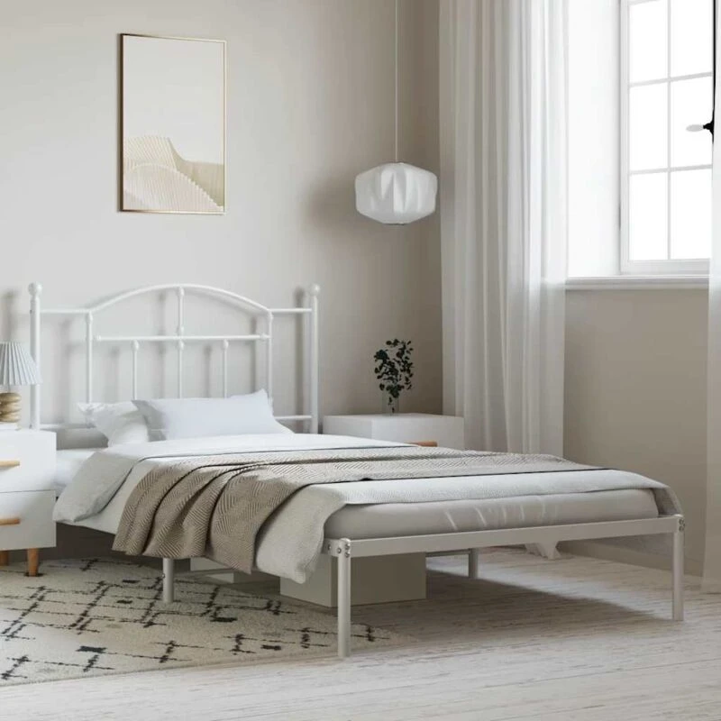 Image of Vidaxl Metal Bed Frame Without Mattress With Headboard White 100X200 Cm, White 353483