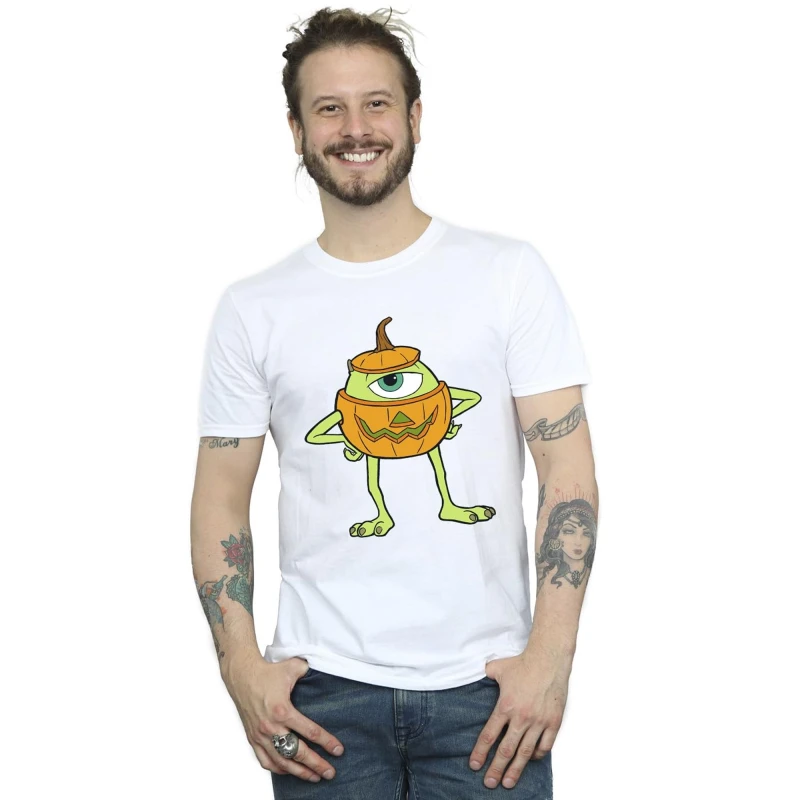 Image of Disney Men Mike Pumpkin Cotton Halloween T-Shirt in White Size: Small White S Male 5063376630238