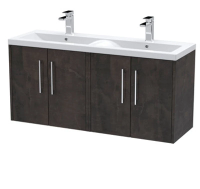 Image of Hudson Reed Fluted Wall Hung 4-Door Vanity And Double Vitreous China Basin, Contemporary Sink Vanity Unit, Metallic Slatemm