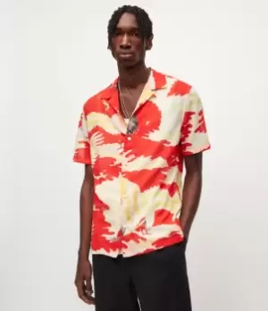 Image of AllSaints Mens Miyako Crane Print Shirt, Red/Yellow, Size: L