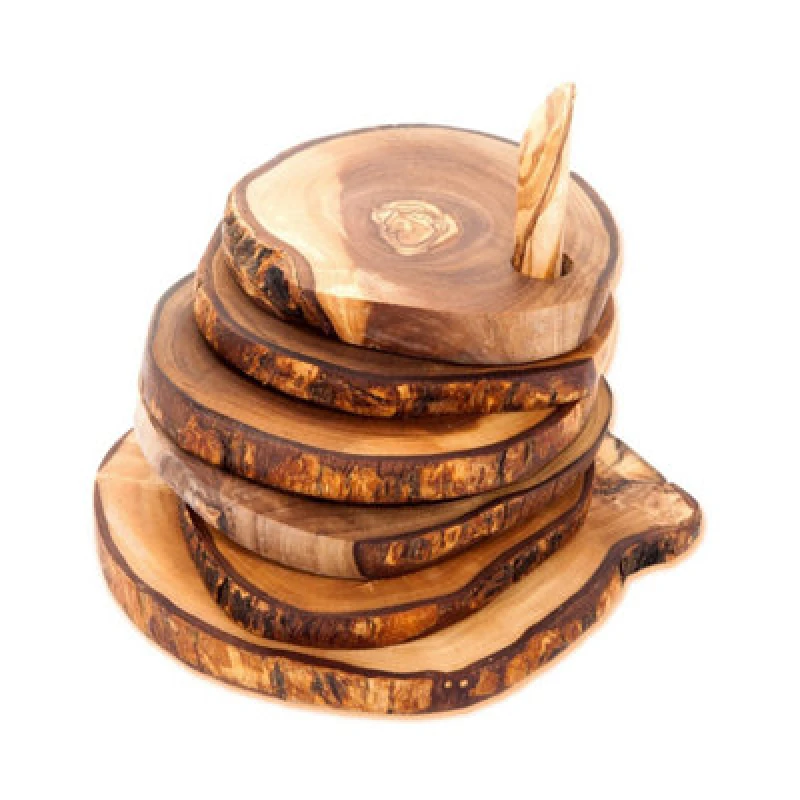 Image of Verano Spanish Ceramics Olive Wood Natural Grained Rustic Kitchen Dining Handmade Set of 6 Coasters (Diam) 9cm Natural unisex