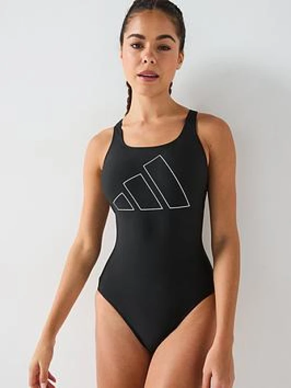 Image of adidas Womens Big Bar Logo Swimsuit - Black/White, Size 30, Women Black/White WAH54 Female 30