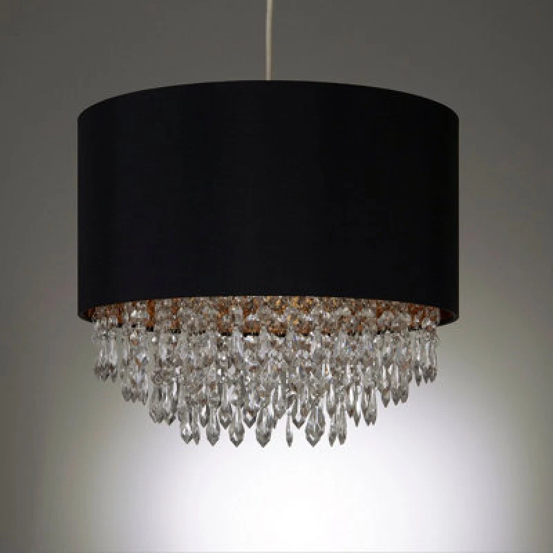 Image of K Living Waverly Black Drum And Clear Beaded Droplet Chandelier Pendant Ceiling Shade
