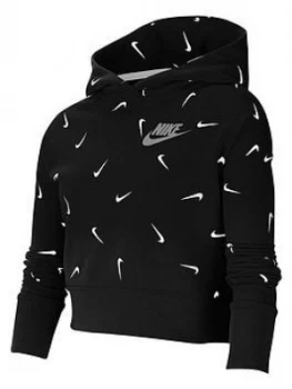 Image of Nike Older Girls Crop Printed Hoodie - Black/Grey
