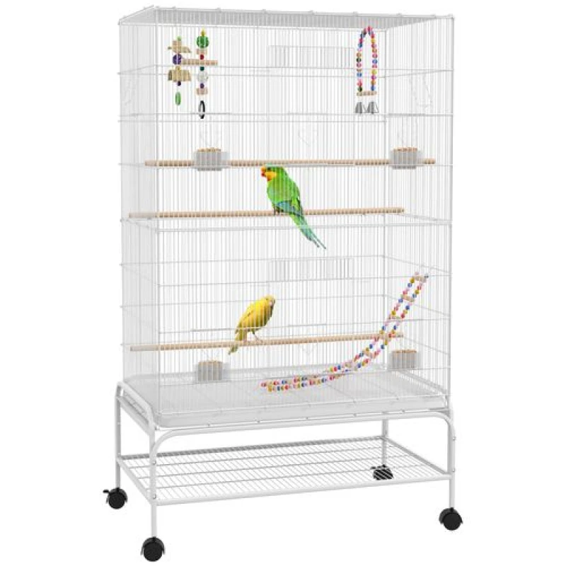Image of PawHut Bird Cage With Stand Wheels Toys For Budgies Finches White D10-090V00WT